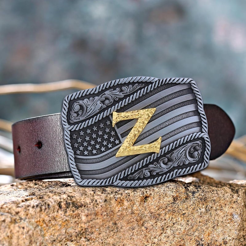 Fibbadet Store Western Cowboy Initial Letters A-Z American Flag Belt Buckle for Men Fathers Day Boyfriend Husband - Image 2